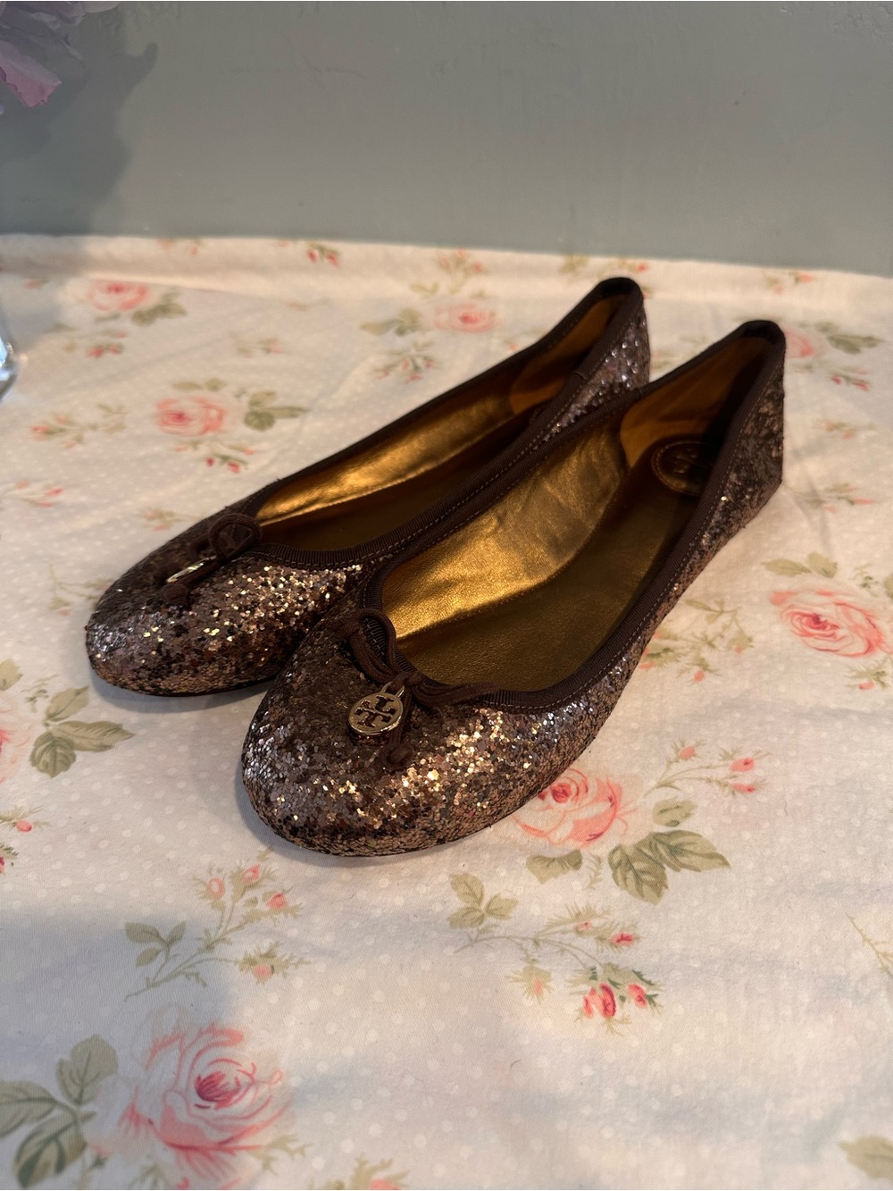 Tory Burch Metallic Bronze Glitter Ballet Flats
